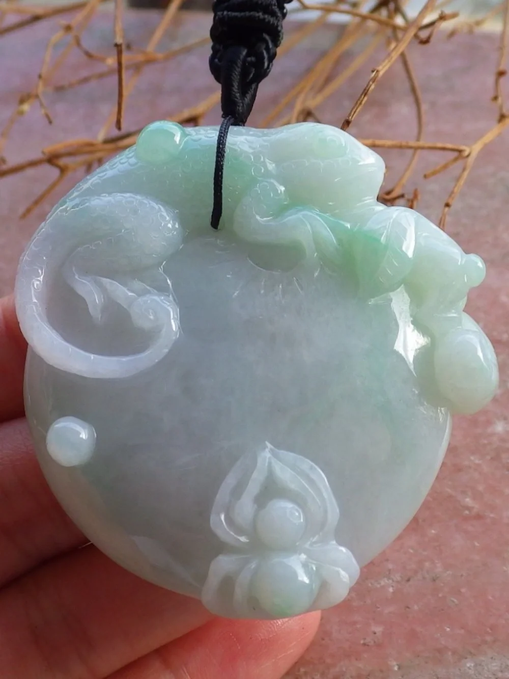 Certified Hand Carved Natural A Jade jadeite Dragon Lizard Spider Peach Pendant